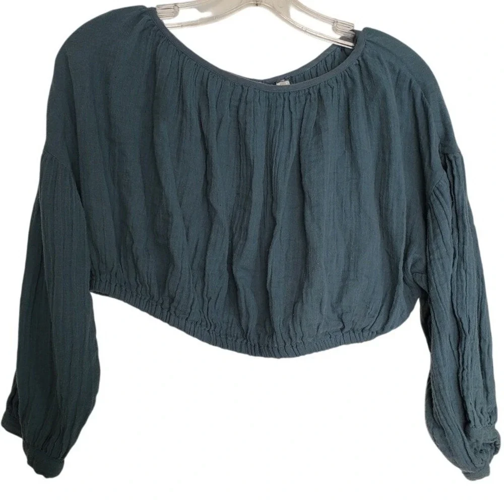 Free People Teal Gauze‎ Cropped Puffy Blouse Button Open Back Dolman Sleeve Sm